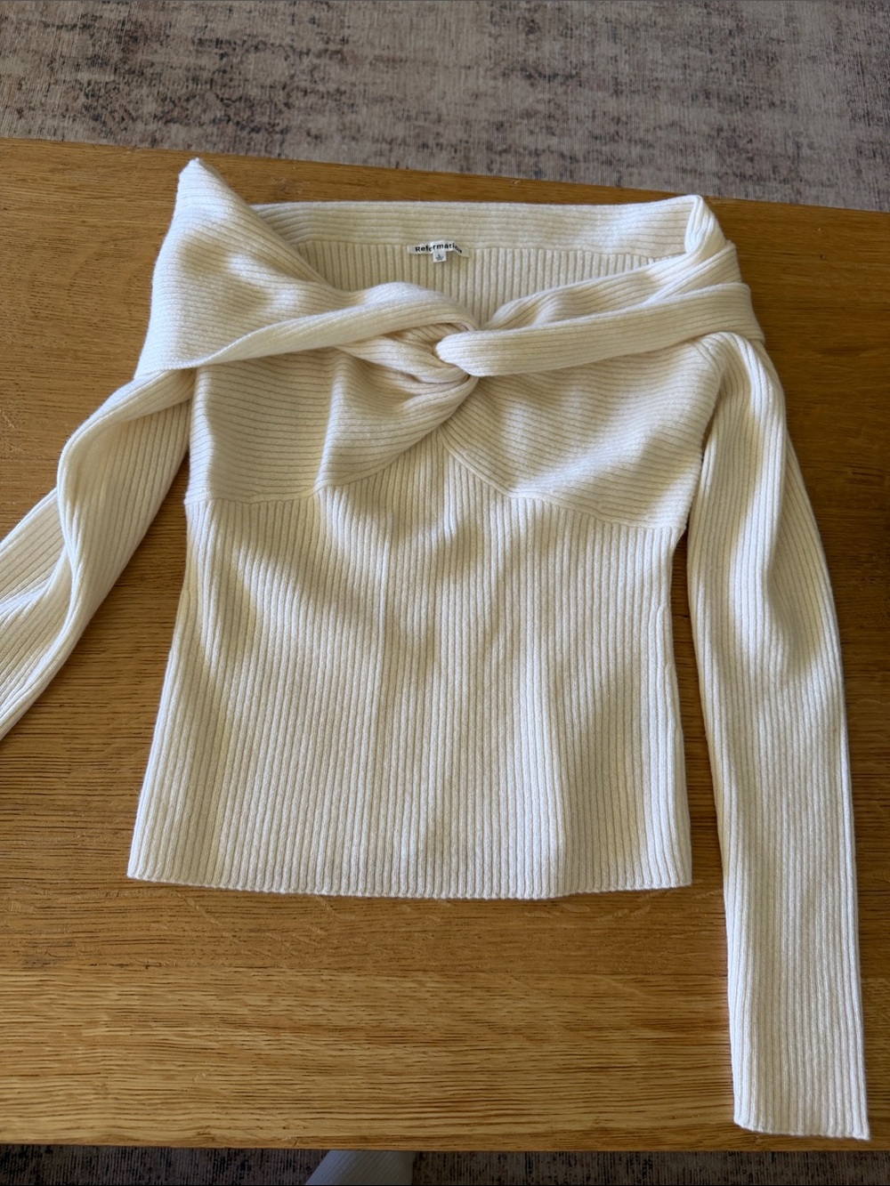 Reformation Off-Shoulder Twist Ribbed Sweater - Cream